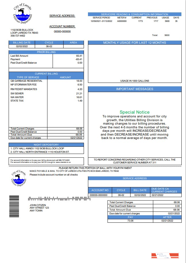 USA Texas City of Laredo Utilities Department water utility bill template in Word and PDF format